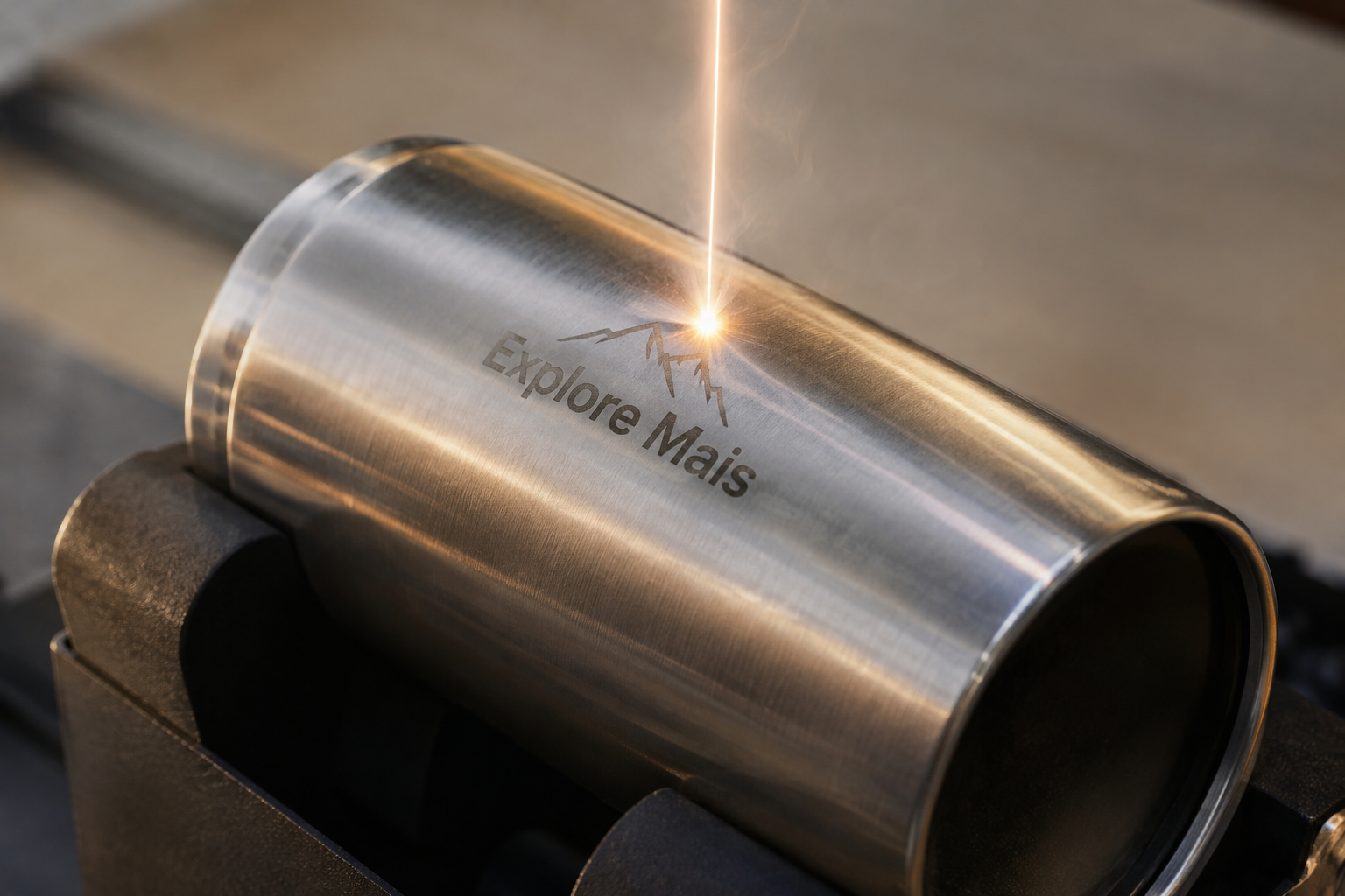 Laser gravando a palavra Teknova em um copo de metal, com destaque para o feixe e o copo, sem foco na máquina. 