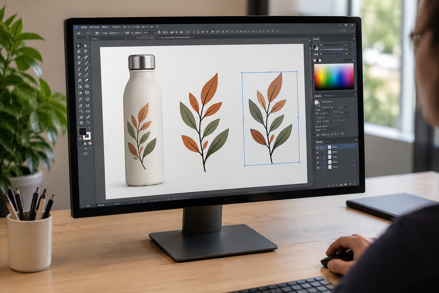 Arte vetorial aberta no Illustrator em um computador, demonstrando a preparação de um arquivo para laser grabb uv.