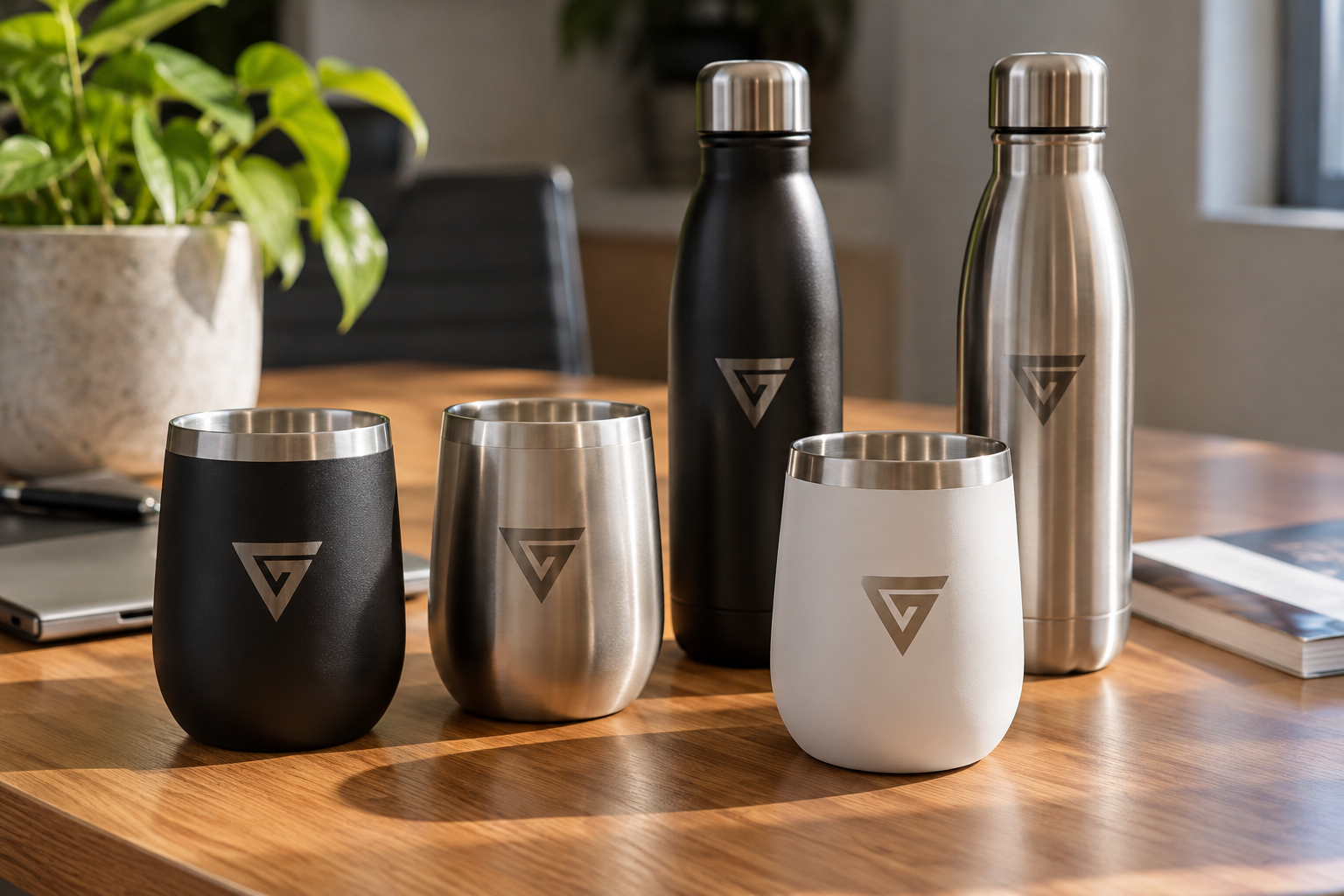Copos e garrafas metálicas com uma marca gravada sobre uma mesa exemplificam a personalização com laser fiber.