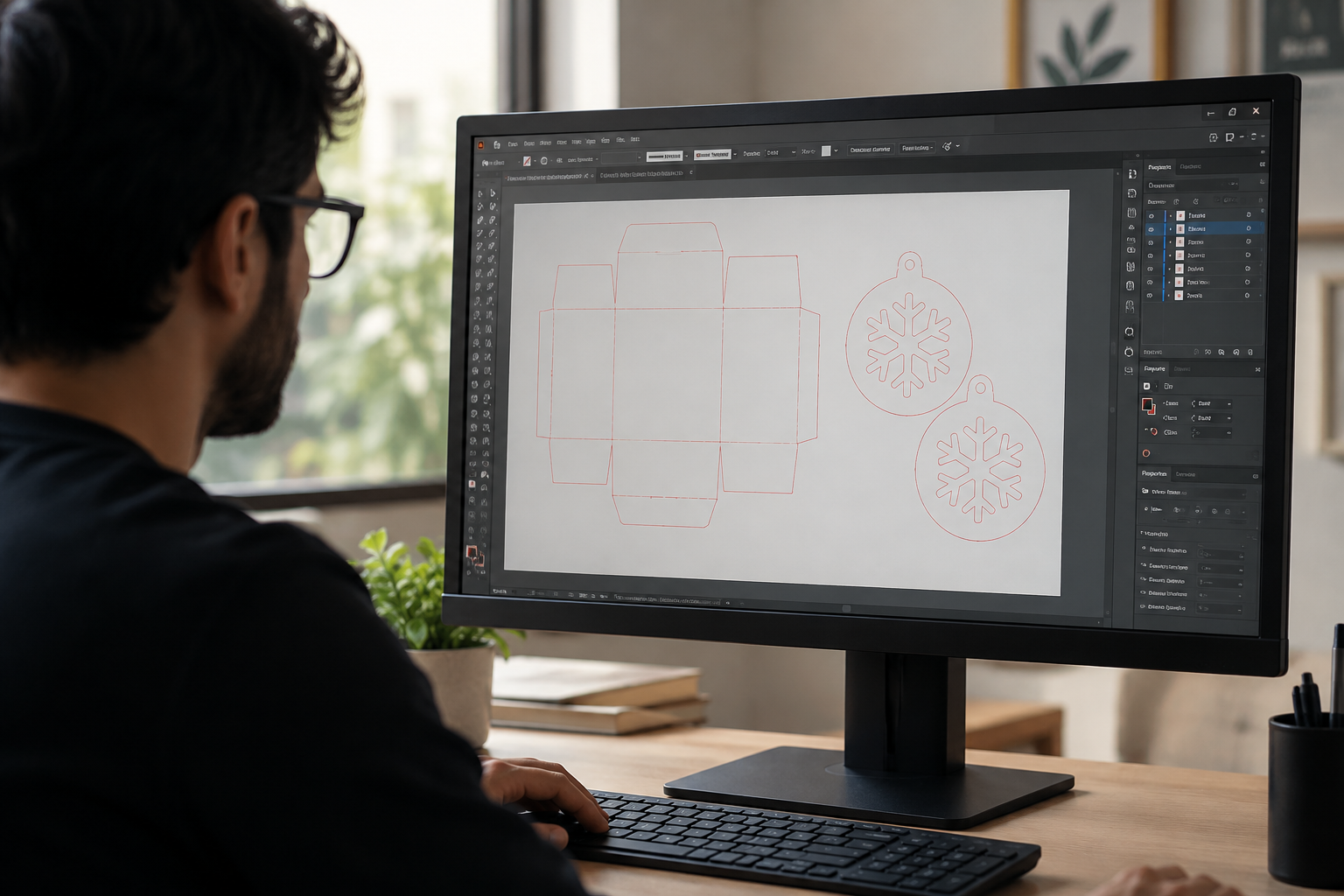 Pessoa usando um computador com Adobe Illustrator aberto em um arquivo de projeto, exibindo as linhas de gravação do material.