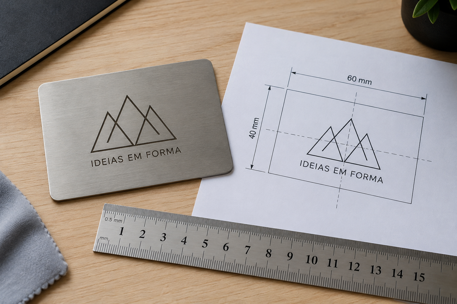 Peça plana com logotipo e texto gravados ao lado de uma prova impressa em escala real e de uma régua metálica.