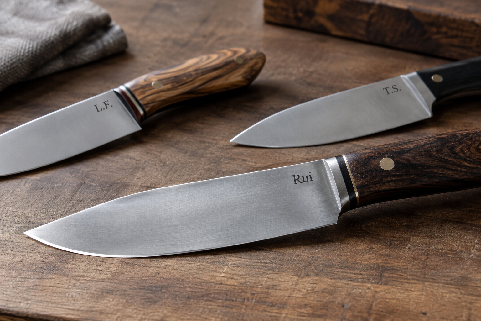 Faca artesanal de aço inox com nome gravado na lâmina, apoiada ao lado de outras peças de cutelaria personalizadas.
