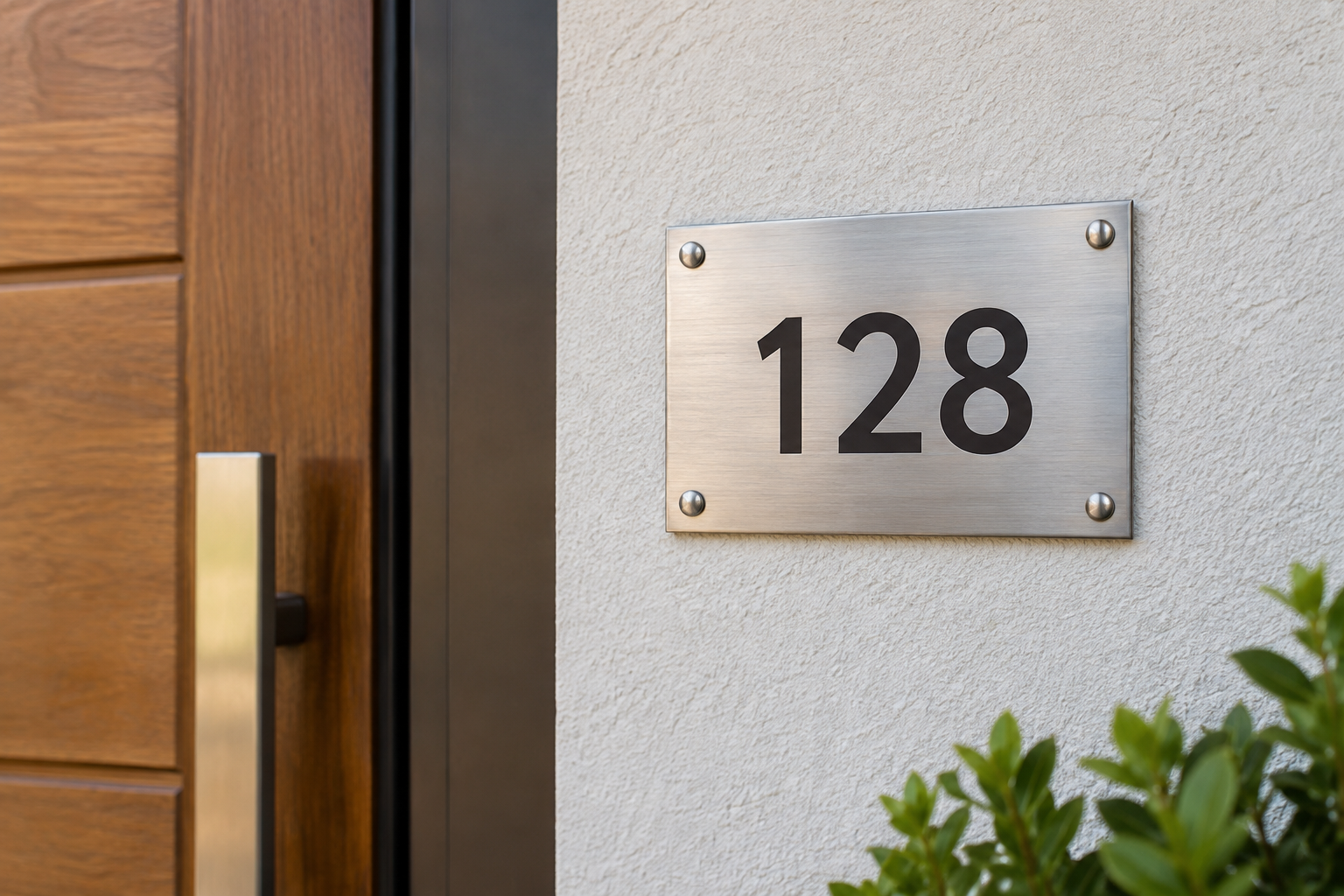 Placa compacta de aço inox com o número 128 gravado, instalada ao lado de uma porta residencial — exemplo ilustrativo de aplicação da Laser Fiber Grabb.