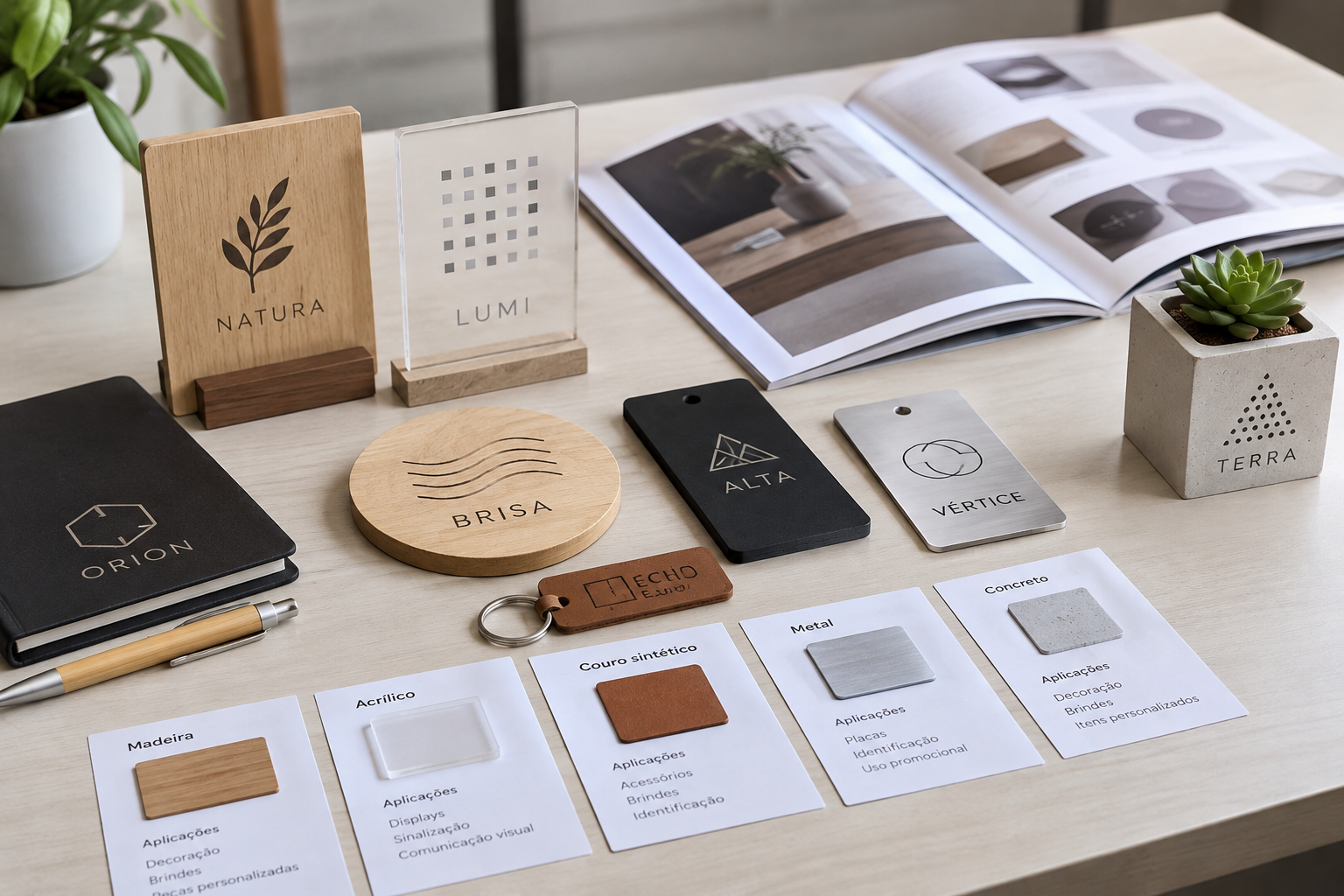 Mesa com placas, caderno, chaveiro, vaso com suculenta e amostras de madeira, acrílico, couro sintético, metal e concreto — ilustração para o artigo sobre mostruário do Laser Grabb UV.