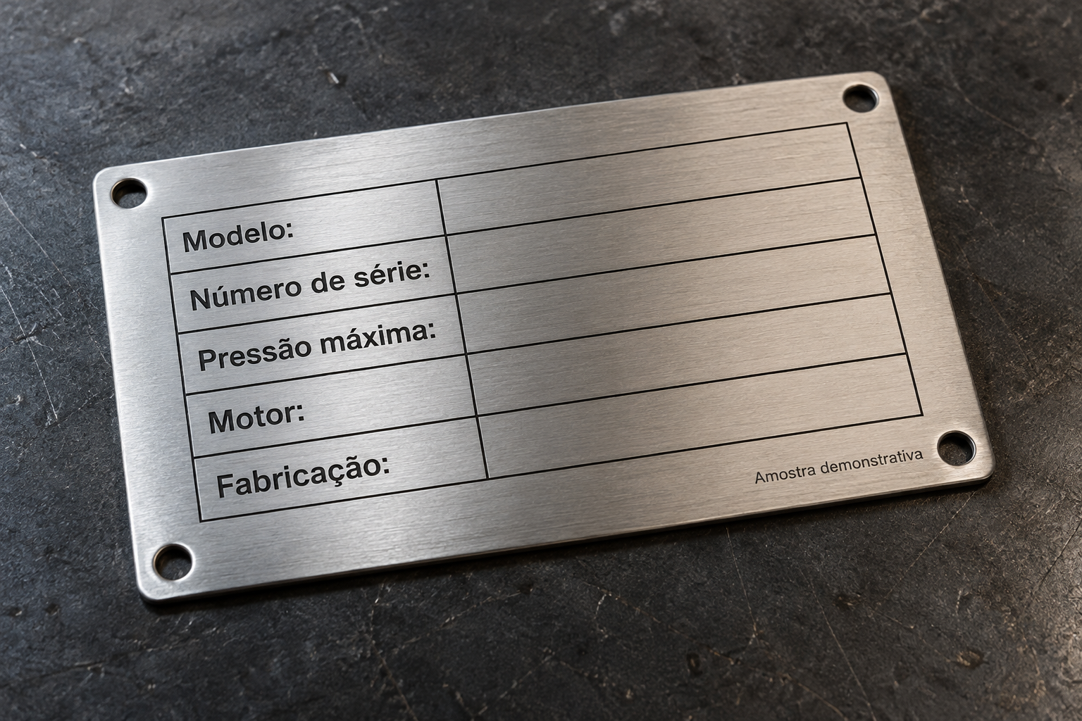 Placa metálica com quatro furos e campos vazios para modelo, número de série, pressão máxima, motor e fabricação, ilustrando uma aplicação da Laser Fiber Grabb.