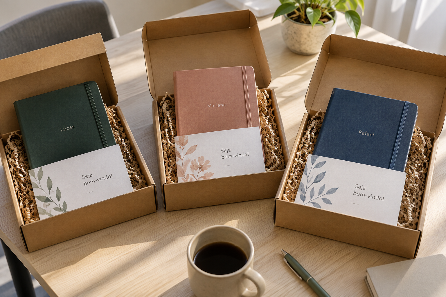 Três caixas abertas com cadernos verde, rosa e azul, com nomes nas capas e cartões de boas-vindas sobre a mesa — ilustração de demanda corporativa a avaliar com a Laser Grabb UV.